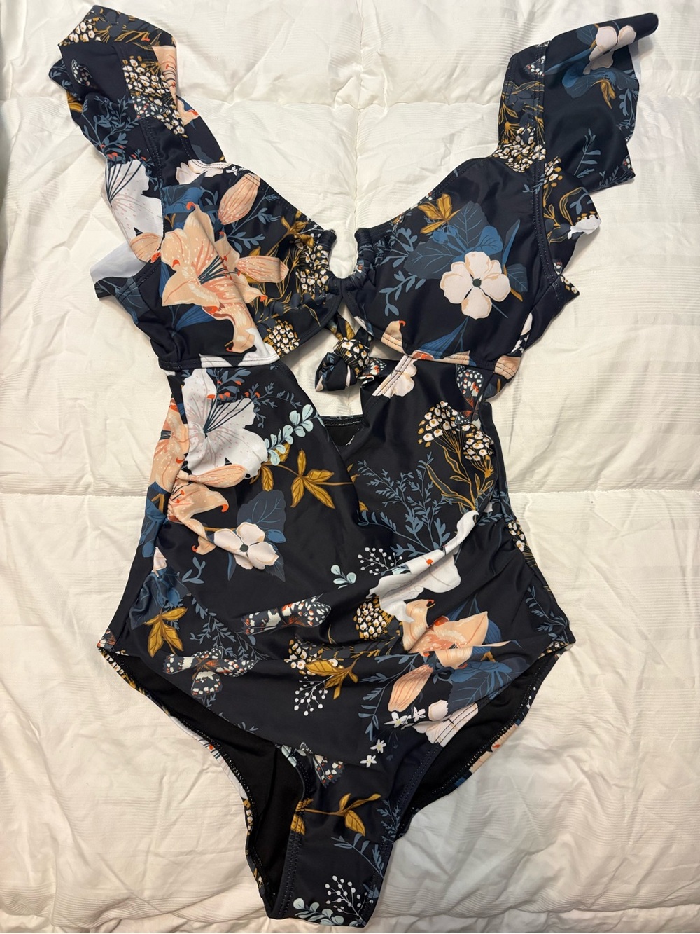Floral One-Piece Swimsuit in Navy with Peach & White Blooms